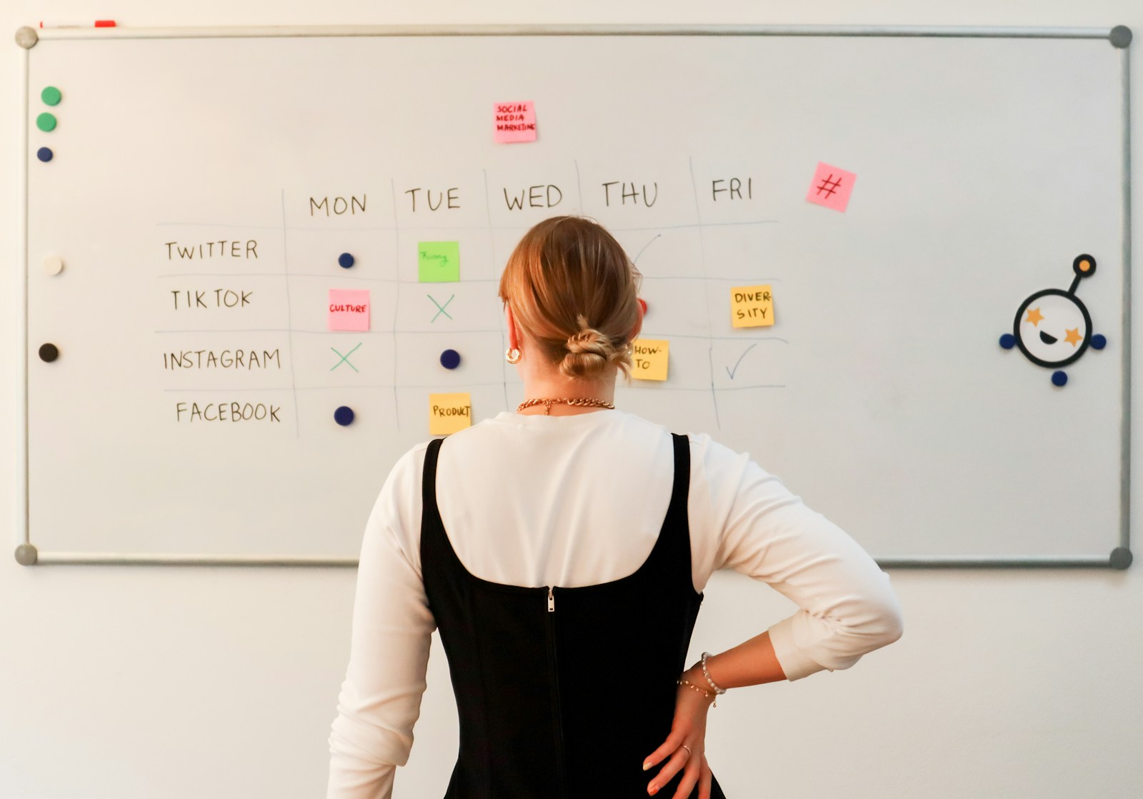 a woman standing in front of a white board with sticky notes on it